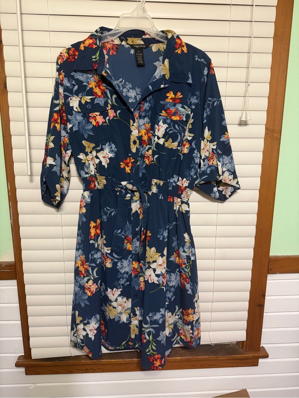 Navy Floral Tie-Waist Midi Shirt Dress